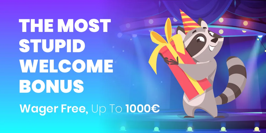 Wolfy Casino logo with a blue-black wolf next to a welcome bonus banner for Wolfy Casino Bonuses up to €1,000 wager-free