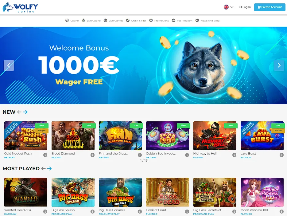 Wolfy Casino homepage screenshot with Wolfy Casino Bonuses, Wolfy Casino Live Games, and Wolfy Casino Crypto options