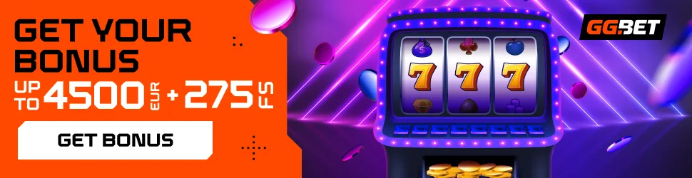 GGBet Casino bonus banner promoting a €4,500 + 275 free spins welcome package, featuring vibrant slot machine imagery and bold text on a dynamic background.