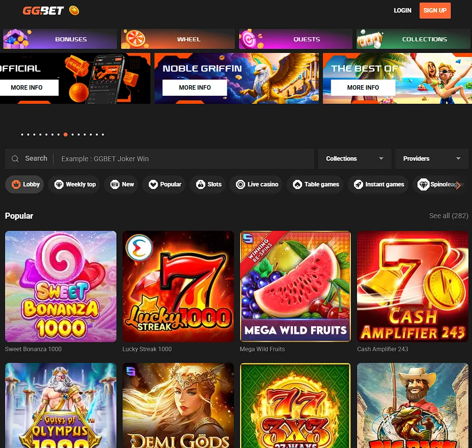 GGBet Casino homepage picture showcasing a vibrant interface with slots, live casino games, esports betting, and a €4,500 + 275 FS welcome bonus promotion.