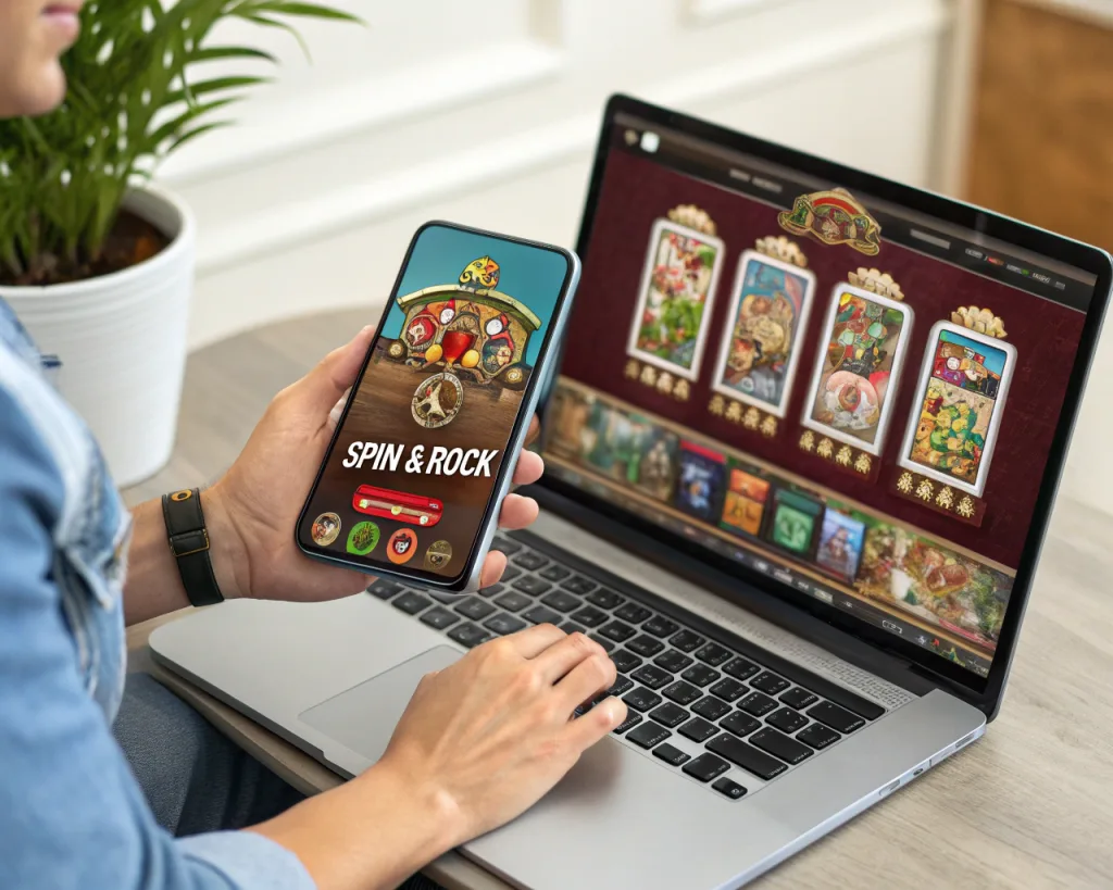A player using a smartphone or laptop to play online casino games, including slots, poker, and live dealer tables