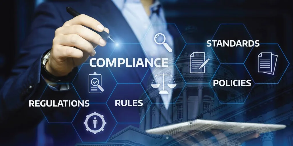 A legal-themed composition featuring a judge's gavel, a document with compliance checkmarks, and a digital interface representing online gambling regulations