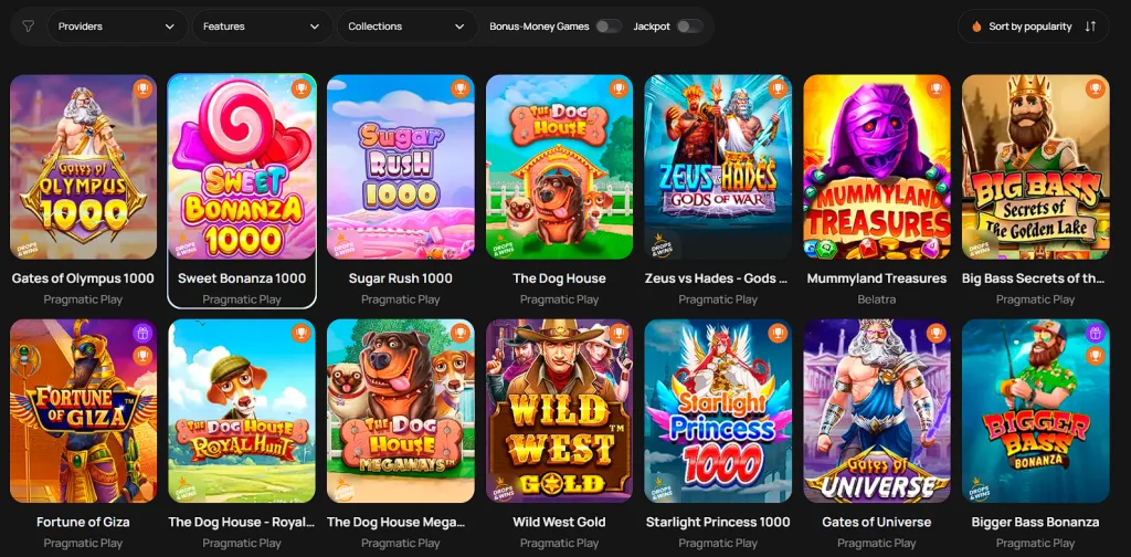 Flagman Casino homepage slots section displaying popular slot games like Starburst and Gates of Olympus